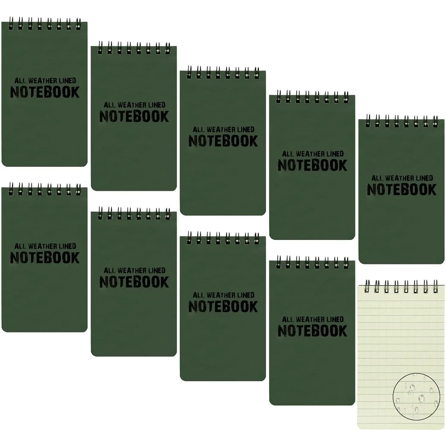 10 Pack Waterproof Notebook, All-Weather Pocket Sized Tactical Notepad, Top Spiral Memo Grid Paper Notepad for Outdoor Activities Recording(Army Green, 3"x5")