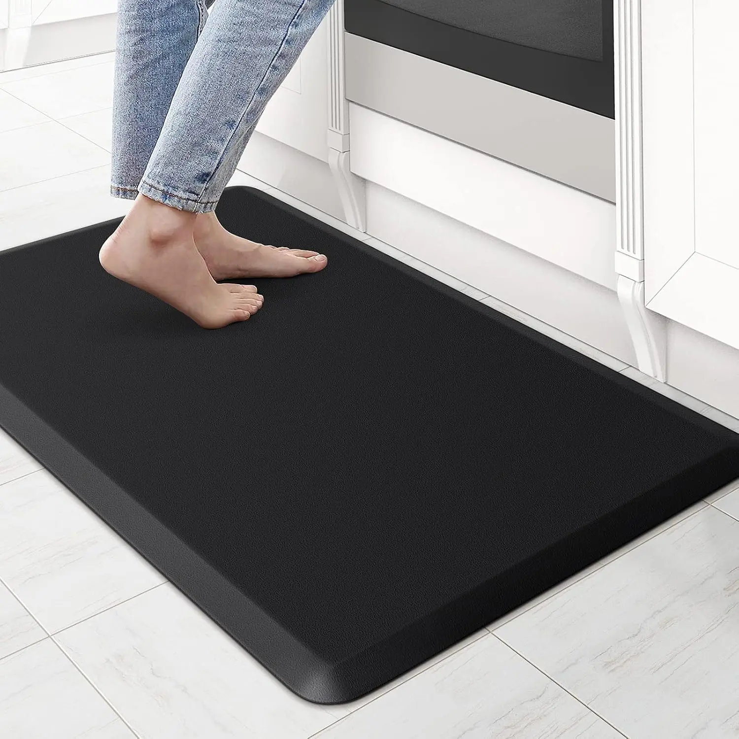 KitchenClouds PVC Kitchen Mat - 17.3"x28" Cushioned Anti-Fatigue, Water-Resistant, Non-Slip Floor/Desk Mat with Simple Look for Sink/Office Functional Use (Black)