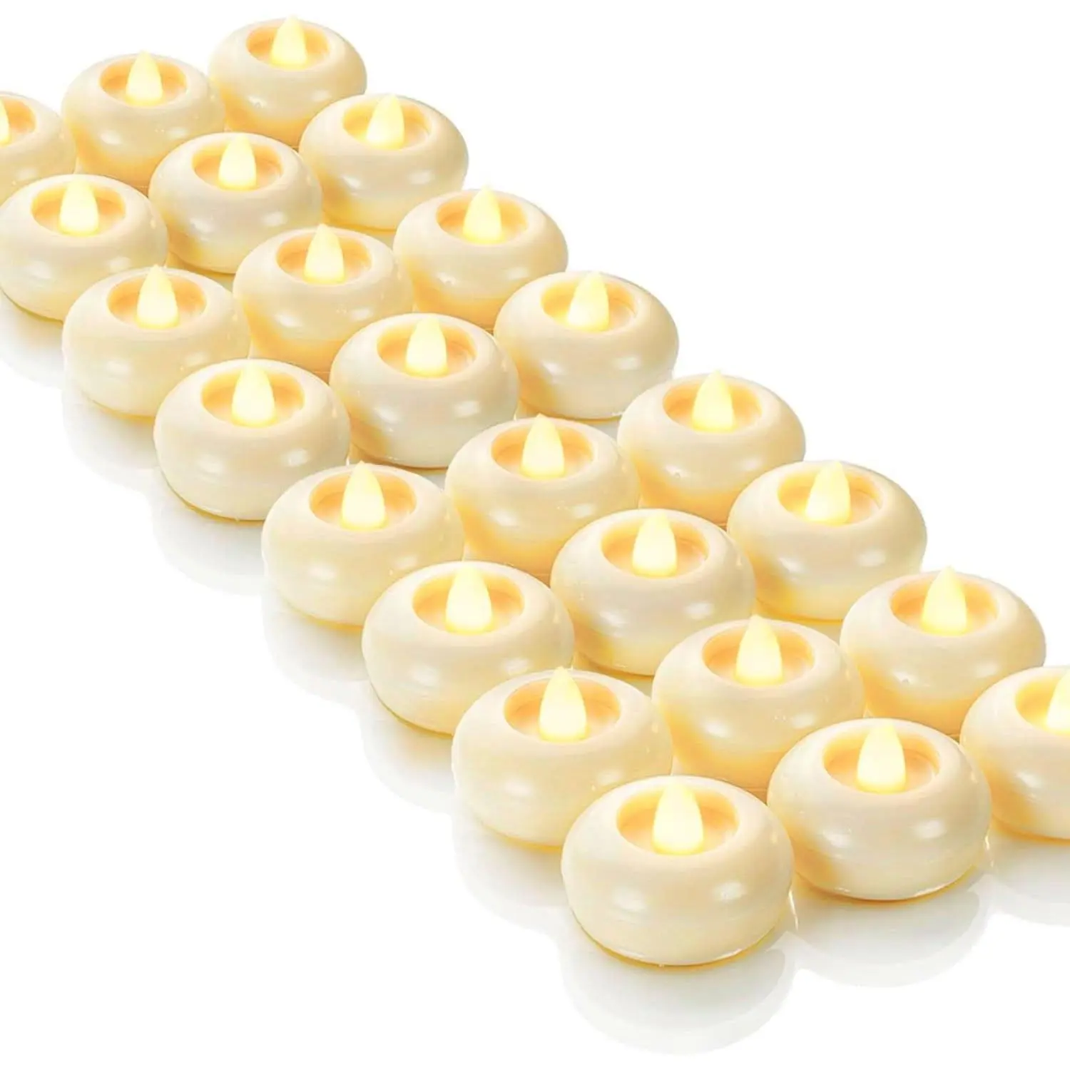 24 Pack 2” Flameless Led Floating Candles, 200 Hour Battery Operated Flickering Waterproof Tealights for Cylinder Vases, Centerpieces at Wedding, Party, Pool, Holiday (Ivory Base)