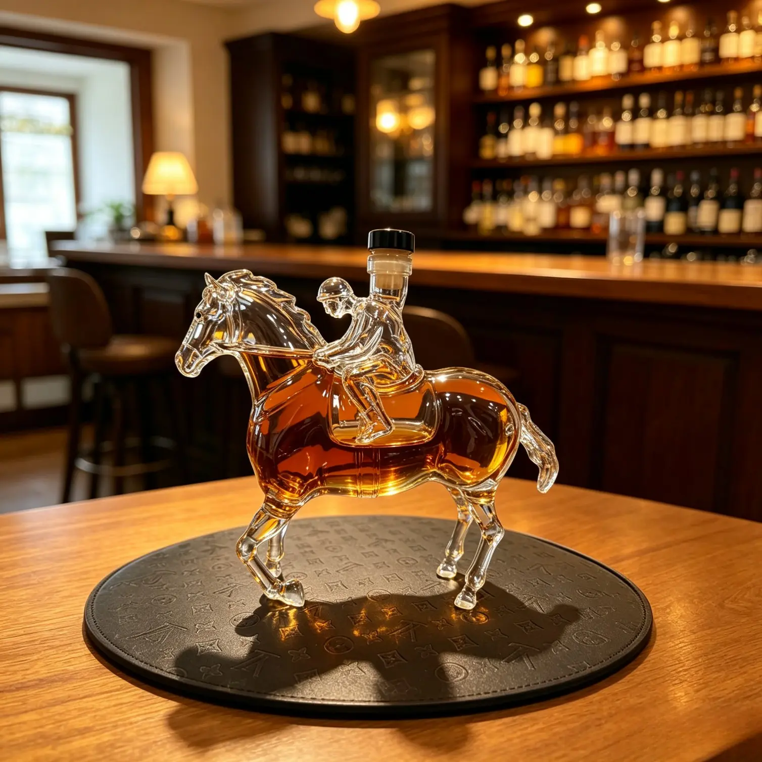 High Borosilicate Glass Hand Blown 3D Jockey Horse Whiskey Decanter, Vintage Race Horse Shaped Liquor Bottle, Home Bar Decor Ornament