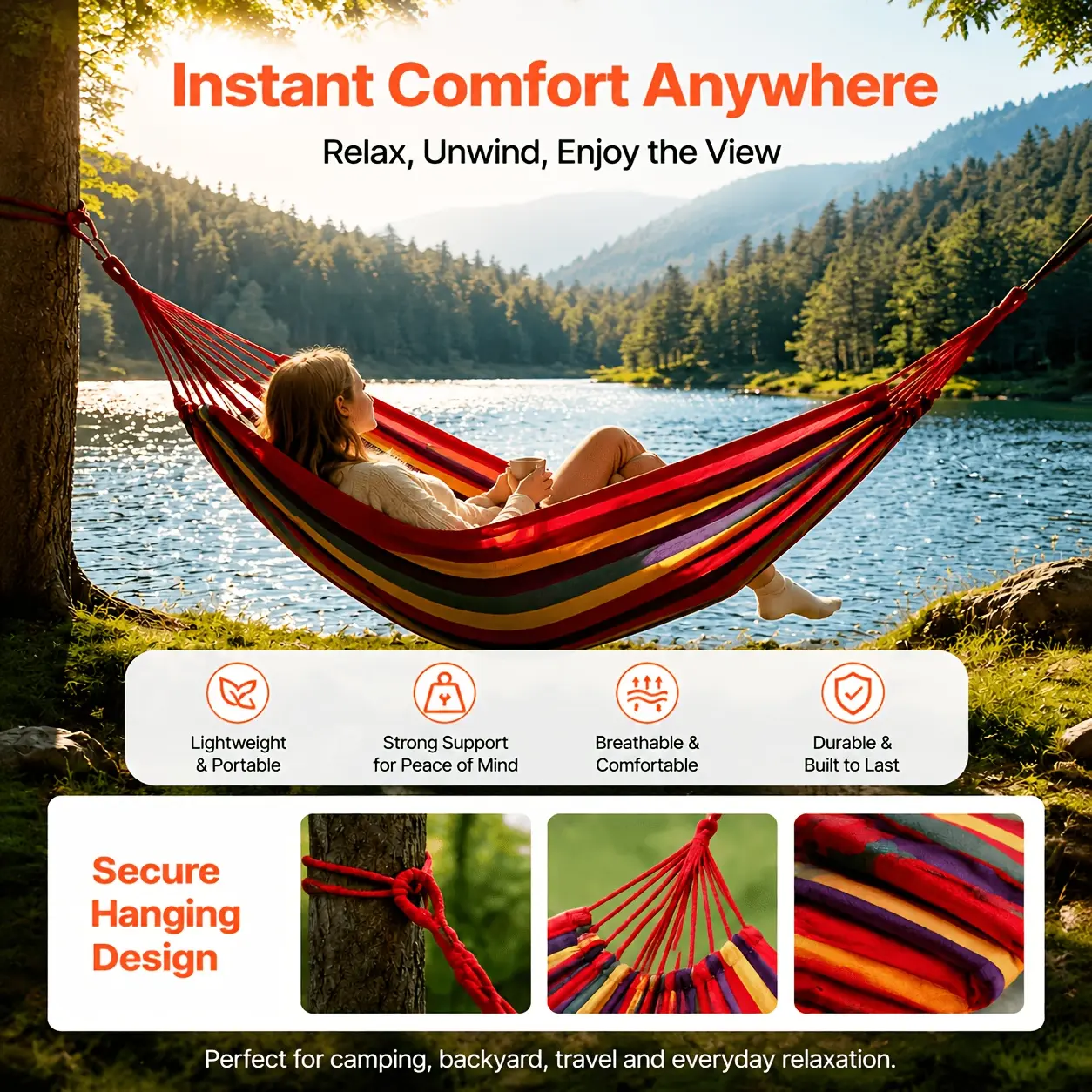 Buy One Get One Free: 1 Single Hammock as Gift. 2-Person Durable Portable Camping Hammock, Lightweight with Elastic Frame, High Load-Bearing, Ergonomic Breathable Design, Sturdy Support, Easy to Install & Secure Hanging