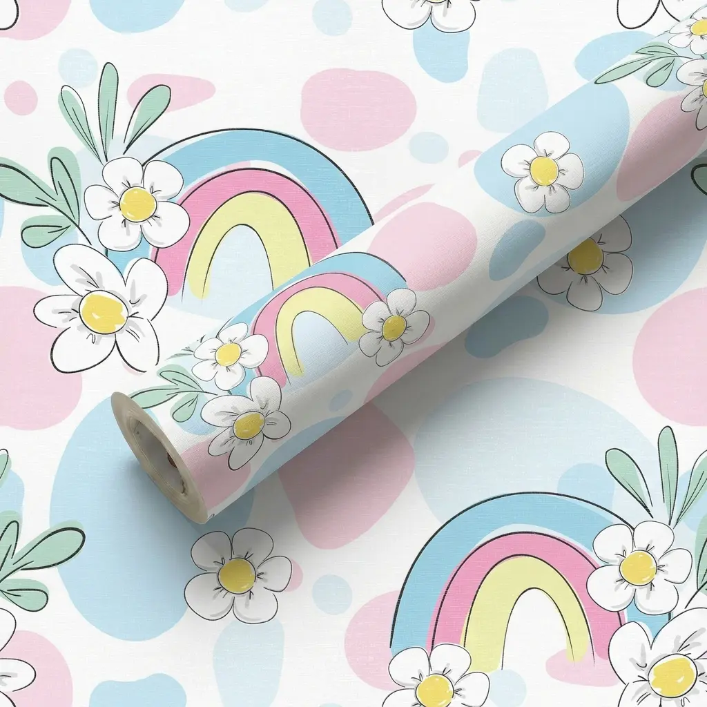 44.5cm Wide Macaron Rainbow Daisy Self-Adhesive Wallpaper, Waterproof Fade-Resistant, Easy Cut and Remove, Ideal for Kids Room, Bedroom, Kitchen