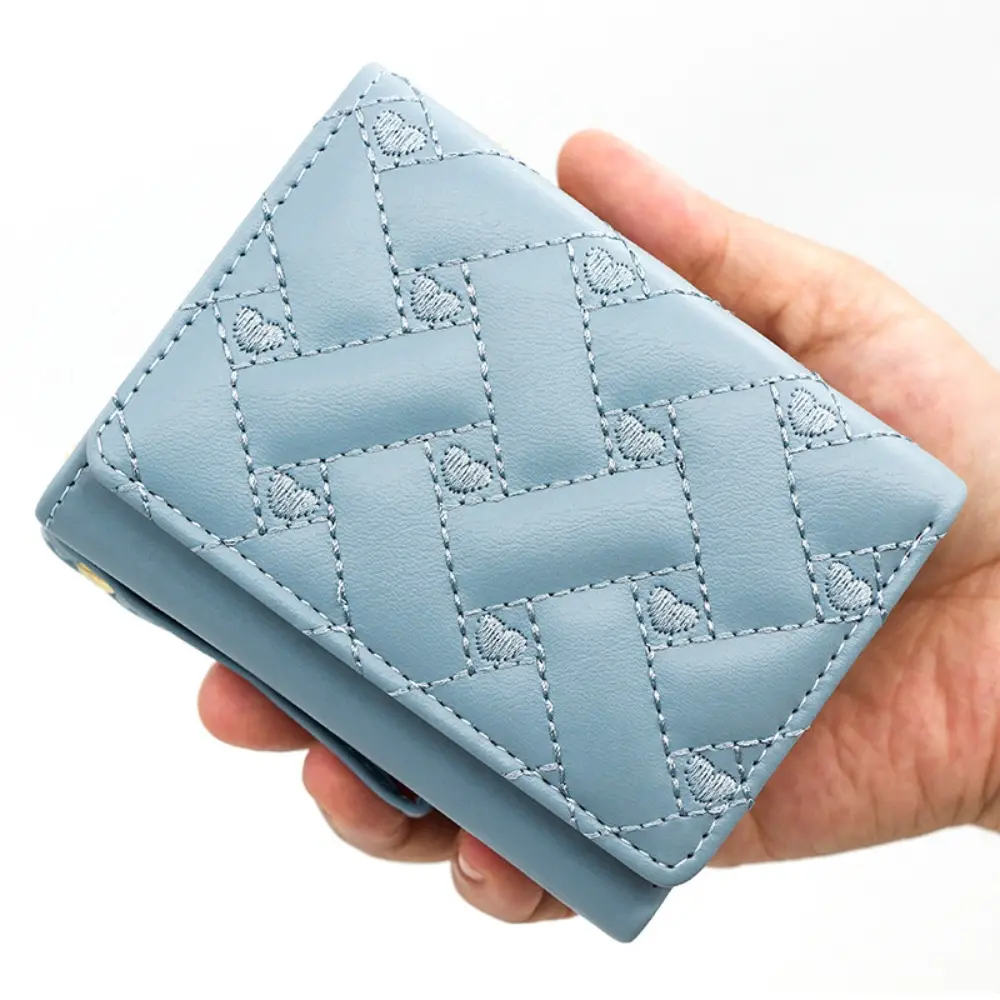 Women's Foldable Minimalist Trifold Short Wallet - Wallets for Women, Cute Heart Embroidery, Grid Stitch PU Leather, Wrist Strap, Multi-Compartment All Over Print, Anti-Theft Card Handling, Daily Gift for Girls, Card Handling Women's Wallets, Long Wallet