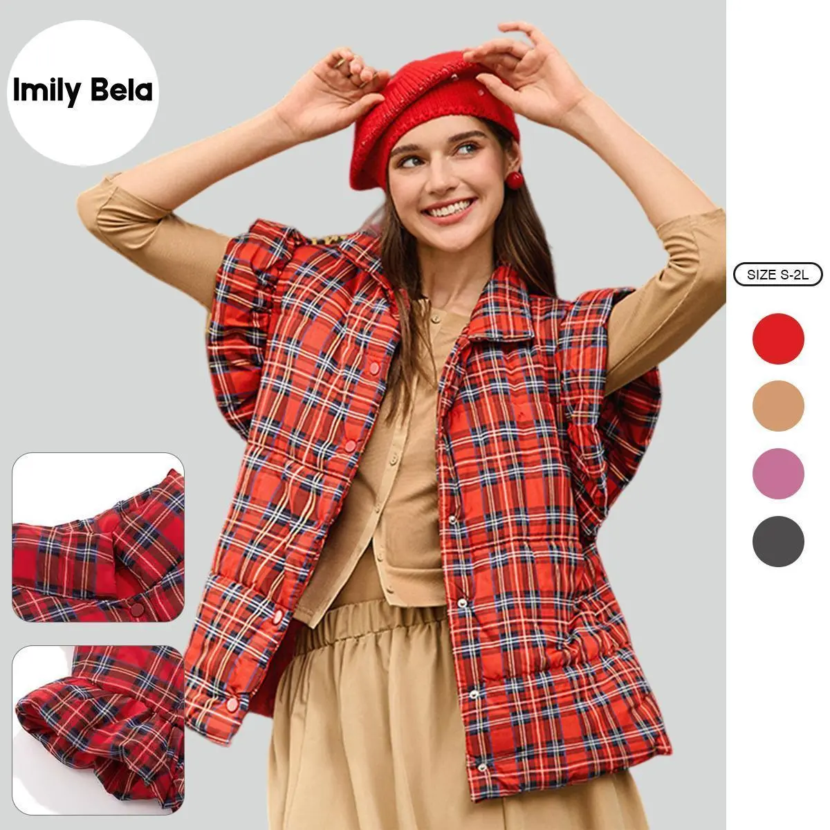 Imily Bela Womens Plaid Puffer Vests Ruffle Sleeveless Lightweight Quilted Vest Fall Winter Padded Gilets Coats