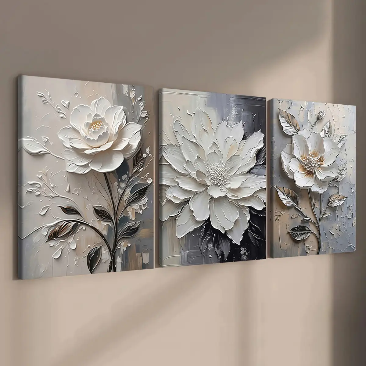 3-count wooden frame canvas, oil painting relief style floral Flower art poster, perfect living room decoration, artistic modern art, fashionable poster, suitable for corridor bedroom, office, home wall art, Artwork, waterproof