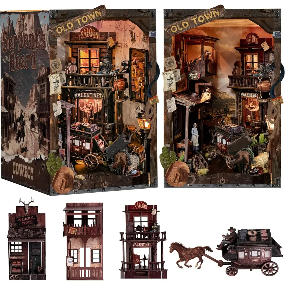book nook kit,miniature house kit,diy booknook,wooden model kit,bookshelf insert decor,mini diorama kit,led book nook,gift for book lovers,diy craft kit for adults,Sundown Crossing,wood puzzle building set