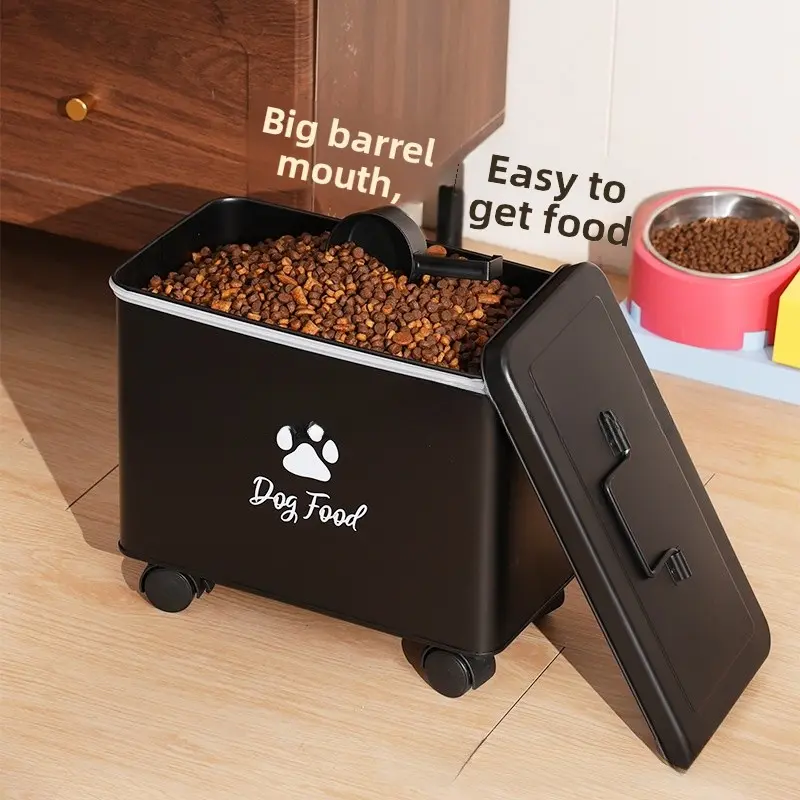 Galvanized Iron Nordic Pet Food Storage Container with Wheels, Airtight Sealed Large-Capacity Dog & Cat Feeding Bin with Measuring Scoop, Mobile Storage Solution for Kitchen
