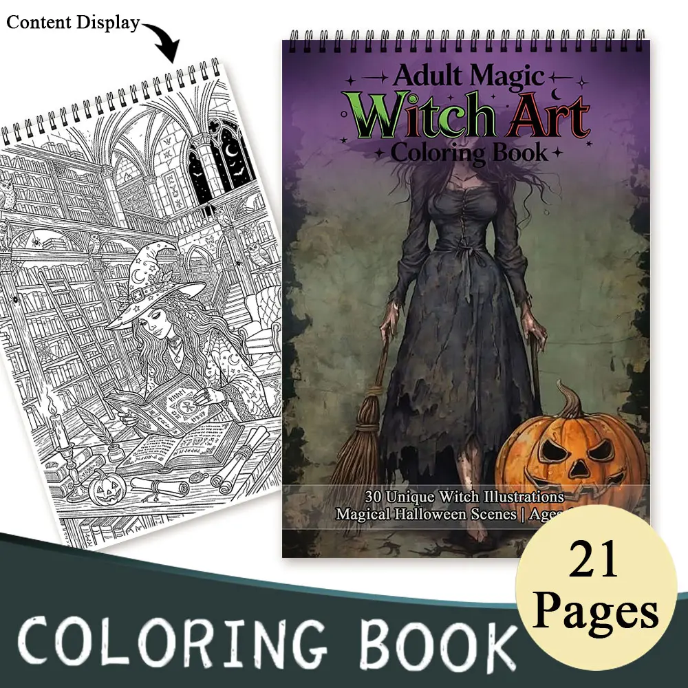 Dark Sorceress Witch Art Therapy Adult Cozy Coloring Book A4 Size 21 Unique Pages Spiral Bound Thick Paper Single Sided Relaxing Witchcraft Scenes Ages 14 Plus Stress Relief Anxiety Relief Peaceful Soul Healing Gift