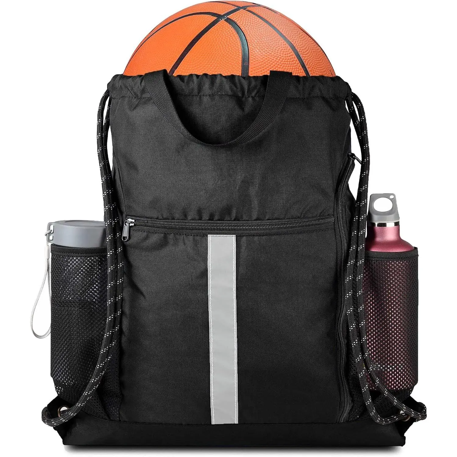 Drawstring Backpack Bag Sports Gym Backpack with Shoe Compartment and Two Water Bottle Holder for Men Women Large String Backpack Athletic Sackpack Workbag Black