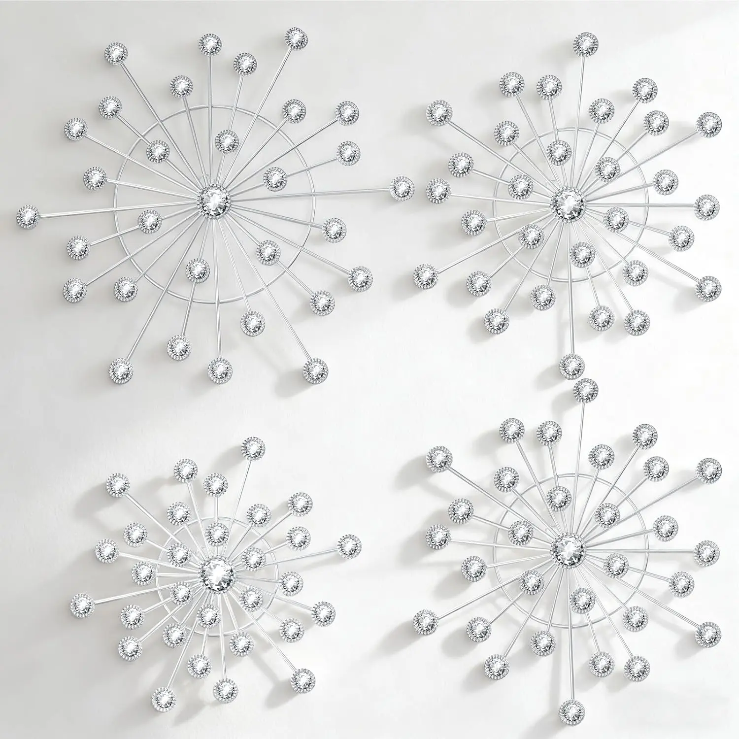 xozeooeu 4 Pcs Silver Starburst Wall Decor, Metal Sunburst Walls Art with Crystal Rhinestones, Multi-Size Iron Bling Wall Hanging for Living Room, Bedroom, Entryway