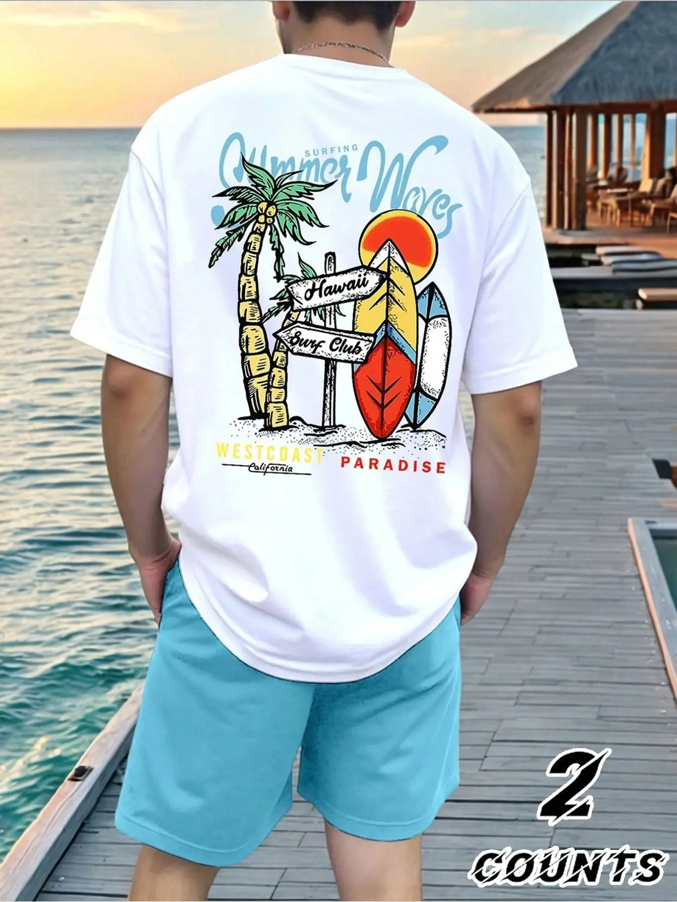 Hawaiian Surf Coconut Tree Sunset Print Short Sleeve Shorts Set for Men, Loose Fit Casual Summer Beach Vacation