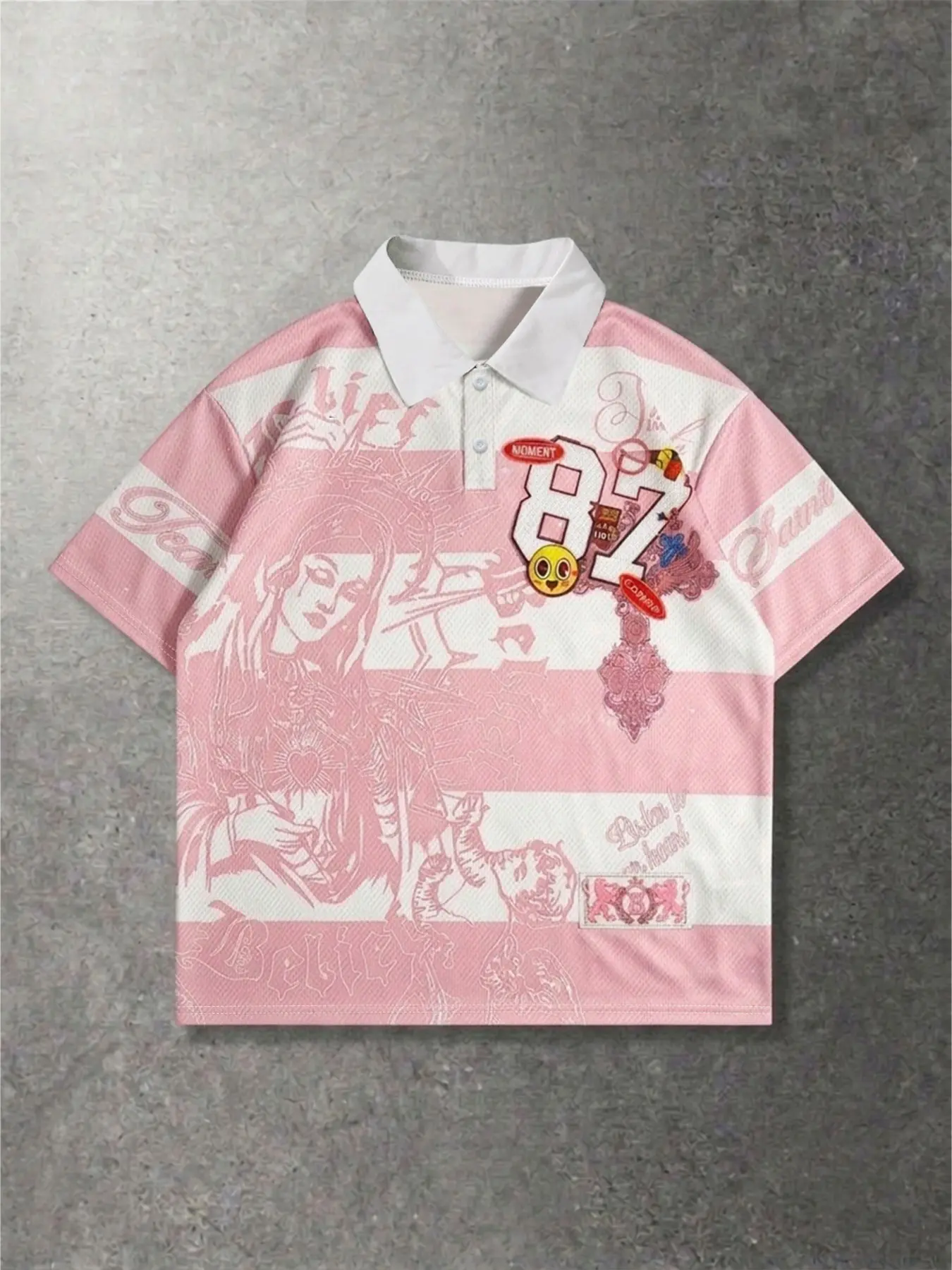 Men's Striped Religious Portrait Polo Shirt, American Retro Subculture Mesh Short Sleeve, Casual, Ideal Gift Choice, Trendy Fashion