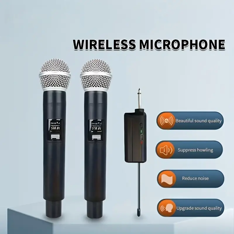 Wireless microphone system with charging cable, 6.35mm receiver, anti slip ring, 6.35-to-3.5mm adapter, intelligent noise reduction and strong penetration, suitable for weddings, stage performances and karaoke