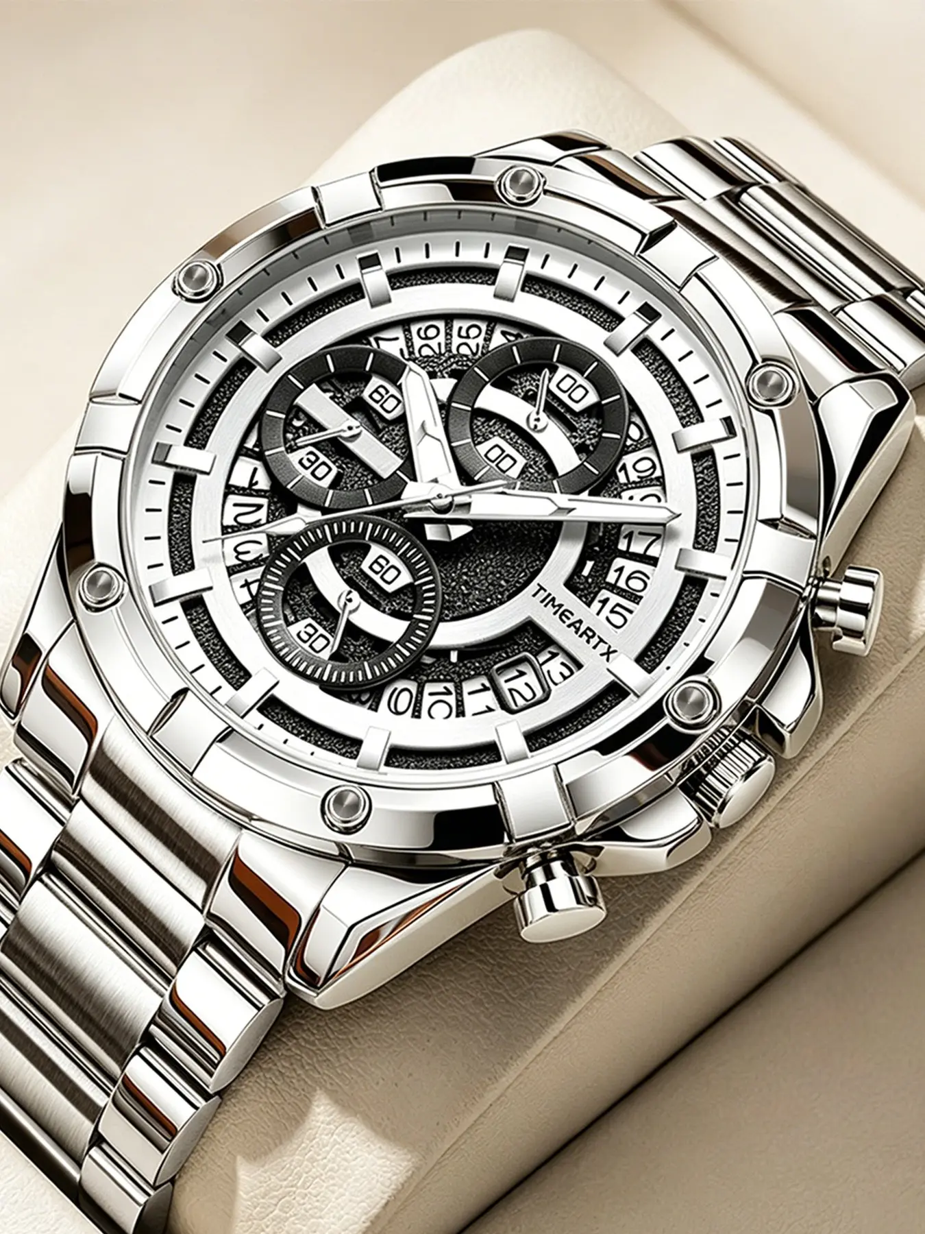 Timeartx Quartz Watch for Men, Luxury Stainless Steel Strap, Multi-Function Dial, Calendar, Classic Fashion, 43mm Round Face, All Seasons