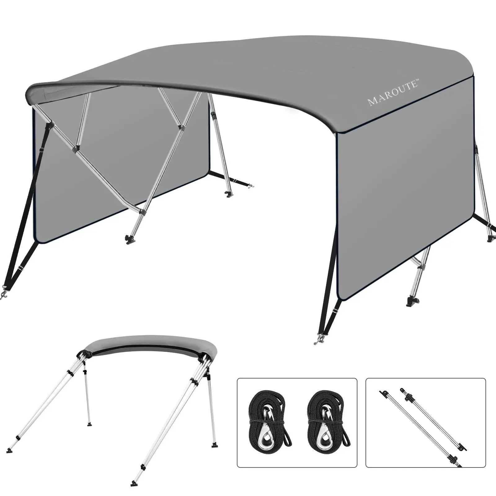 4-Bow Bimini Top Cover for Pontoon & Fishing Boats, 8ft Gray 600D Waterproof Canvas Boat Shading Sun Shade, Fits 85"-96" Wide, 1" Aluminum Frame, Adjustable, Reinforced Double-Stitched Seams, Detachable Side Curtains & Rear Support Poles, Bows, Boating Ac