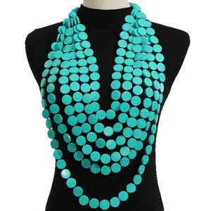 Women's Geometric Disc Wood Bead Long Necklace, Handmade Layered Bohemian Statement Necklace, Ethnic Vintage Boho Layering Party Fashion Jewelry