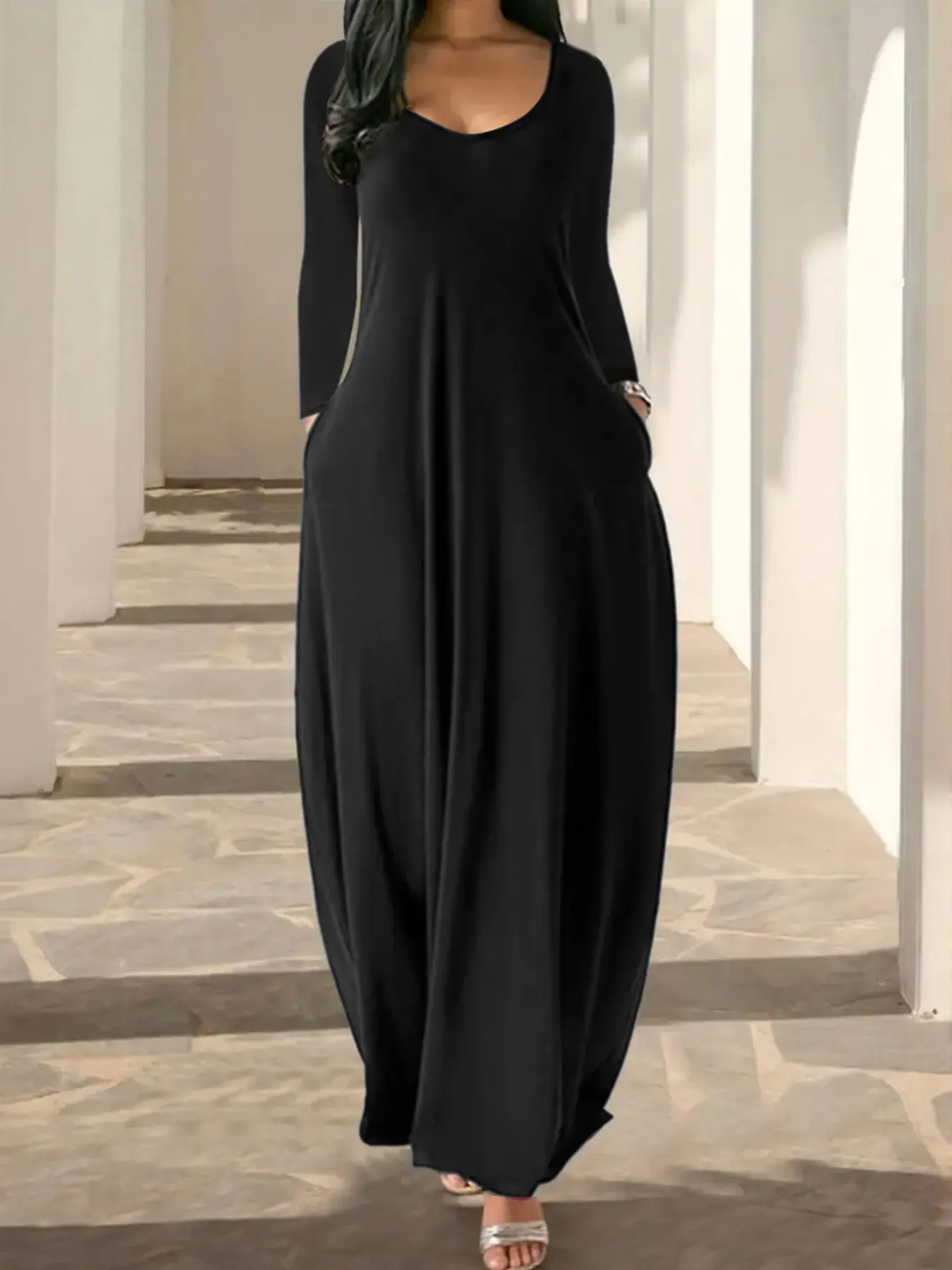 Women's Long Nightgown, Coffee Leopard Print, Round Neck Long Sleeve Pocket Sleepwear, Soft Comfortable All-Season Everyday Casual Loungewear