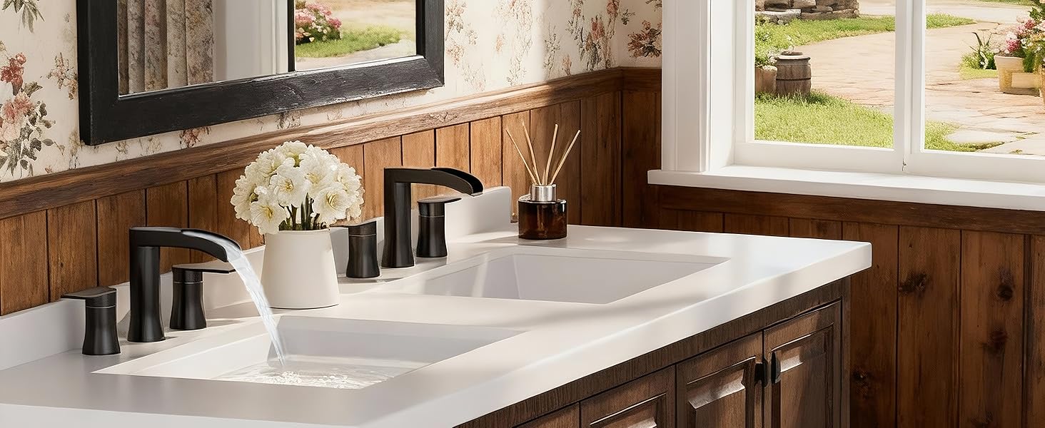 SSREEZNX Waterfall Faucets Brushed Nickel, Sink Faucet 3 Hole, Widespread Sink Faucet with Pop-up Drain and Line for SSREEZNX Waterfall Faucets Brushed Nickel, Sink Faucet 3 Hole, Widespread Sink Faucet with Pop-up Drain and Line for