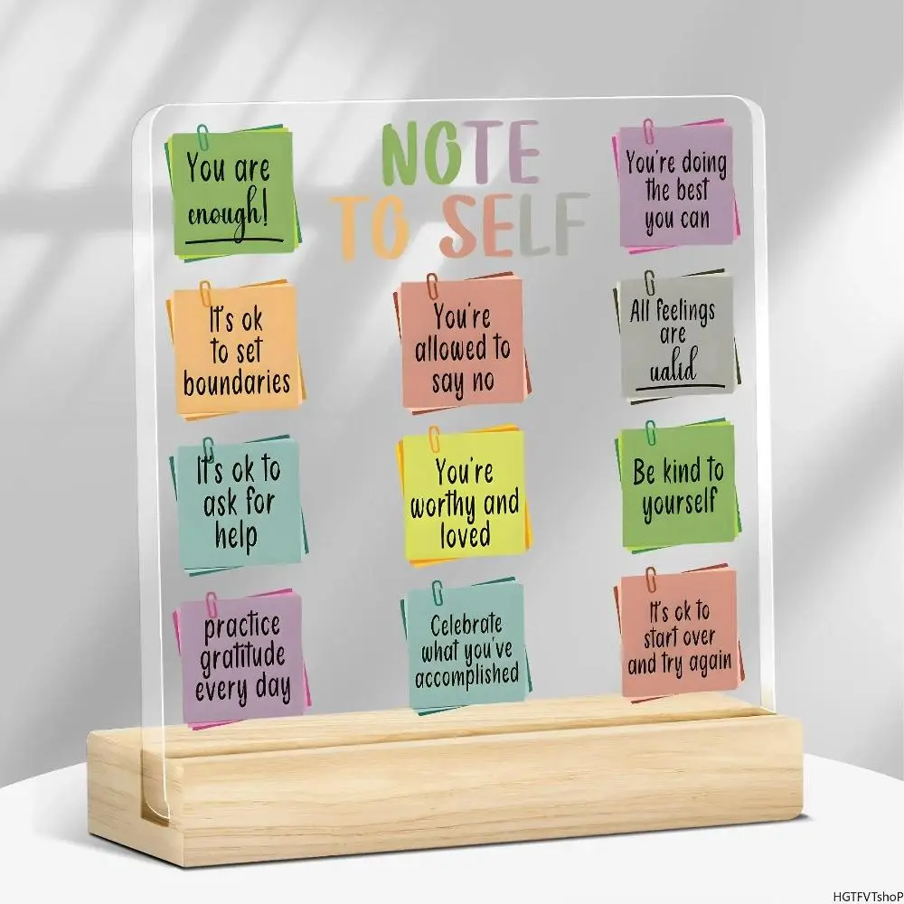 2026 New Self-Care Acrylic Plaque with Wood Base, Luggage & Bag Accessory Charm, Inspirational Daily Affirmation Desk Sign, Motivational Home Decor Gift, Ideal Birthday & Christmas Present, Wooden, Natural, Home Office, Modern, Stable, Durable, Friends