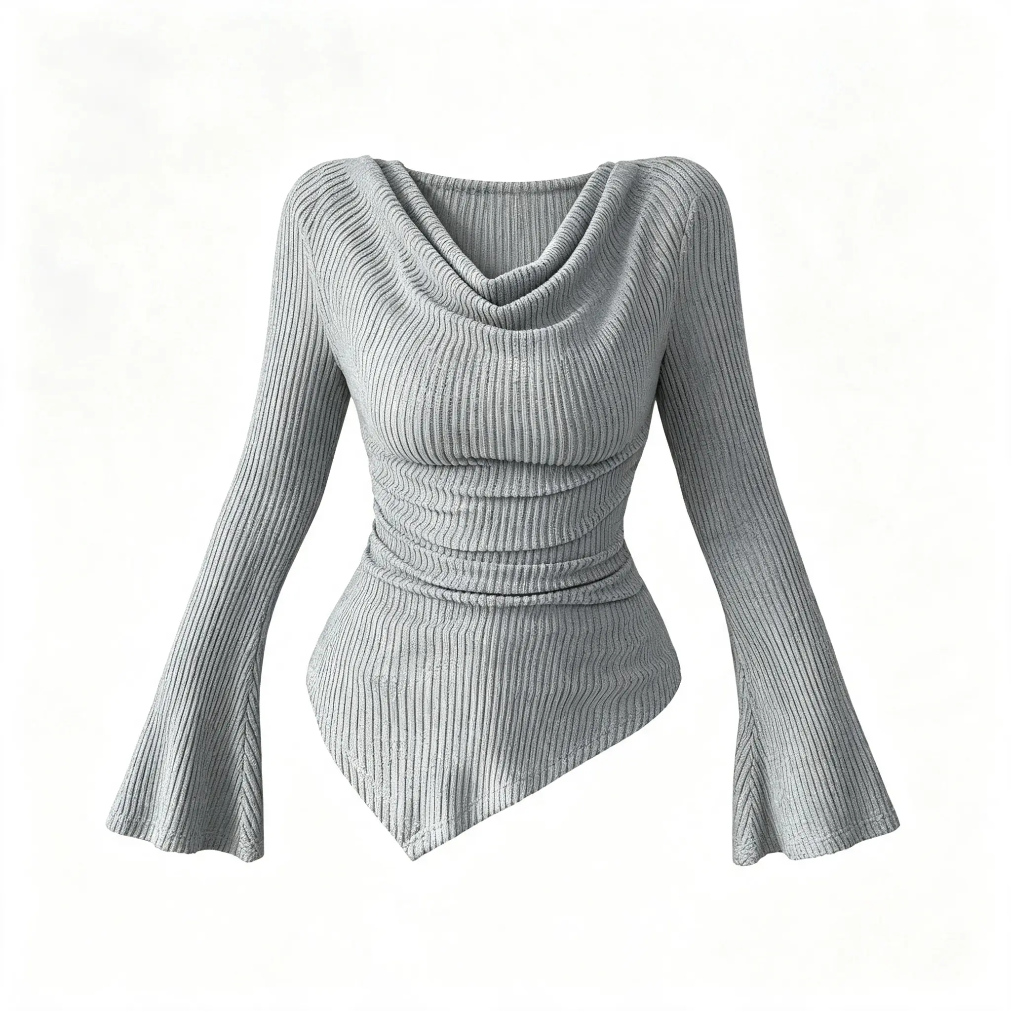Women Off‑Shoulder Ribbed Knit Top, Slim Fit Flare Long Sleeve Knitted Blouse, Solid Color Asymmetric Hem Casual Commuter Shirt for Fall Winter