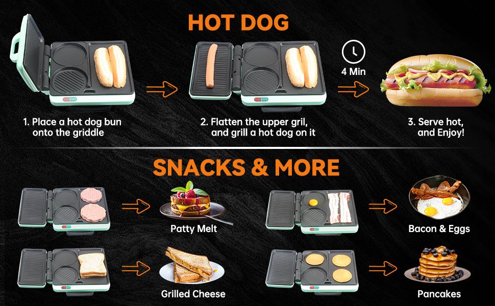 Breakfast Sandwich Maker, Nonstick Electric Griddle & Grill Combo, 3 in 1 Breakfast Station, Make Egg Muffin Sandwiches Burgers Hot dogs & Pancakes, Includes Burger Press, Tong & Brush