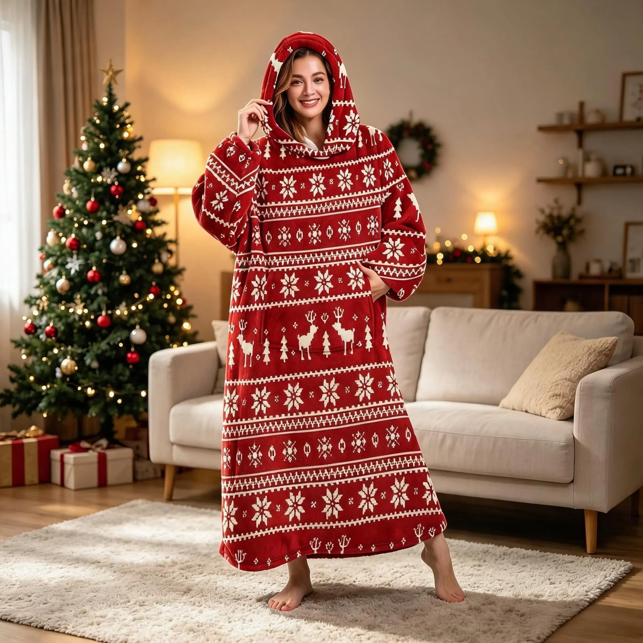 Unisex Flannel Long Sleep Robe, Base Nordic Style Reindeer Snowflake Print, Soft Warm Home Bathrobe, Christmas Holiday Casual Wear