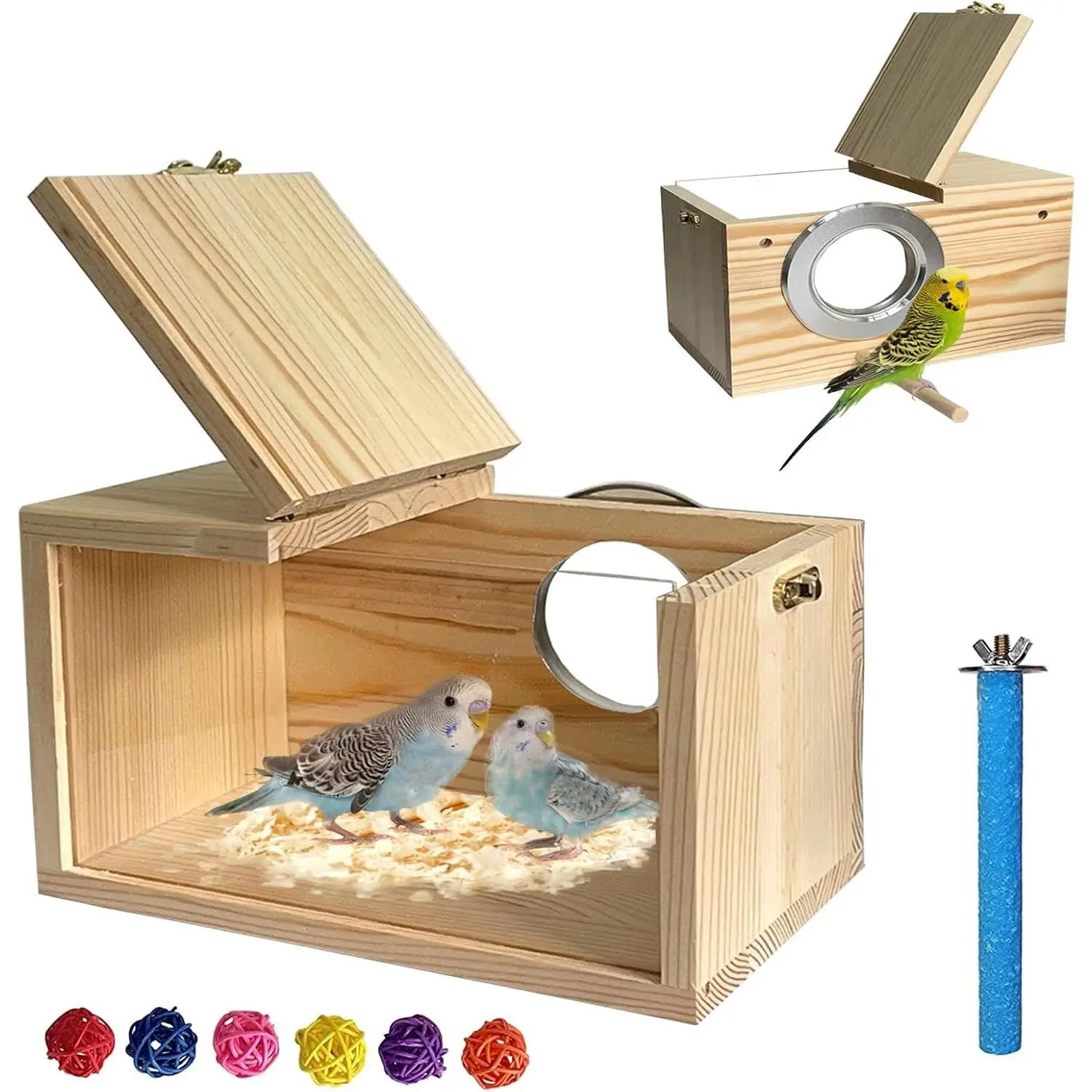 Natural Wooden Transparent Parakeet Breeding Box with Perch - Cage Bird House for Lovebirds, Cockatiels