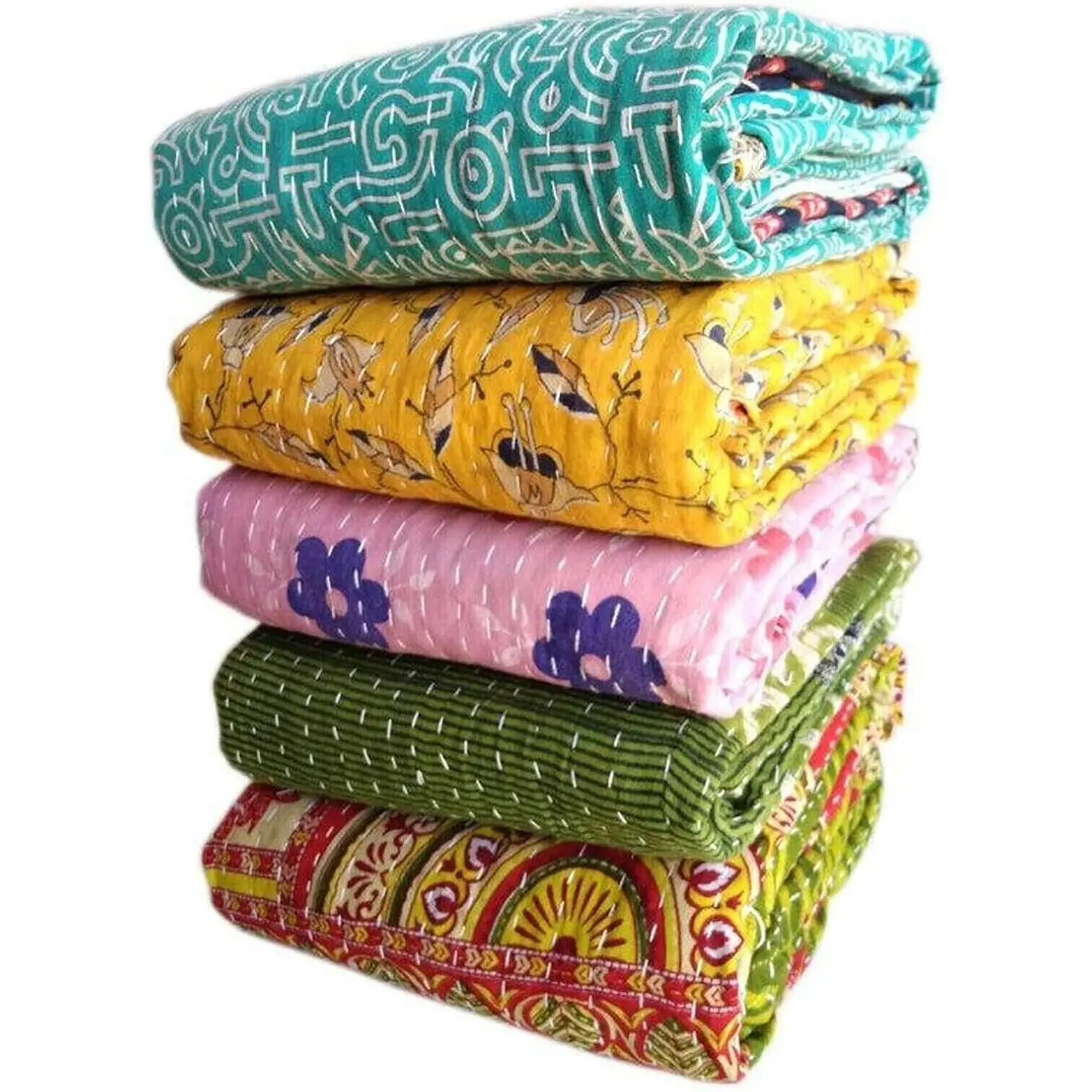 Indian Vintage Reversible Handmade Kantha Throw Blanket Hippie Bohemian Cotton Quilt Bedspread (1 Quilt)