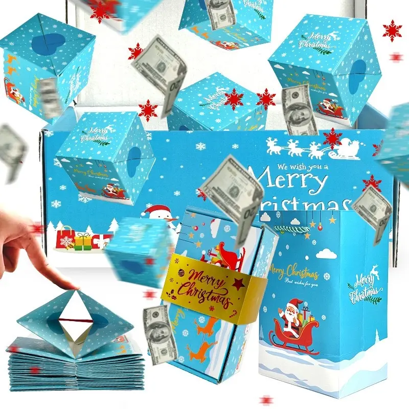 1Set Christmas Surprise Pop Up Bounce Box Blue Santa Flying Cash Explosion Box Merry Christmas Creative Foldable Jumping Gift Box for Xmas Party Present