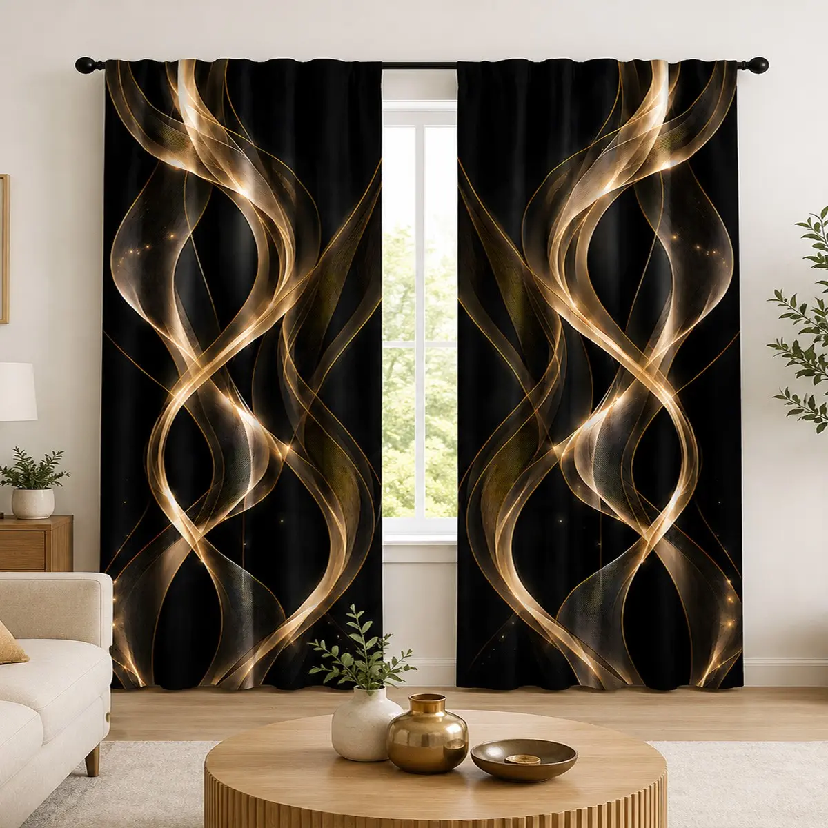 2pcs Premium Black and Gold Flowing Light Semi-Blackout Curtains, Modern Luxury Living Room and Bedroom Fabric Curtains, Made of Polyester, Suitable for Bedrooms, Kitchens, Studies, Cafes, etc.