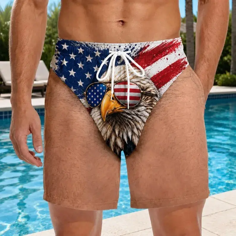 Men's Board Shorts Swim Trunks With Lining, Classic Patriotic USA Flag Printed Shorts, American Eagle Bathing Suit, Ideal Present For Men Summer Beach Holiday