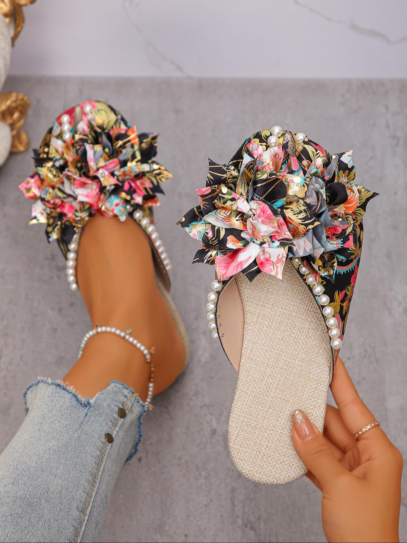 Elegant Women's Sandals with Cute Flower Decorations, Pearl Accents, Random Floral Prints, Round Toe Slip-Ons for Beach Vacation Office School