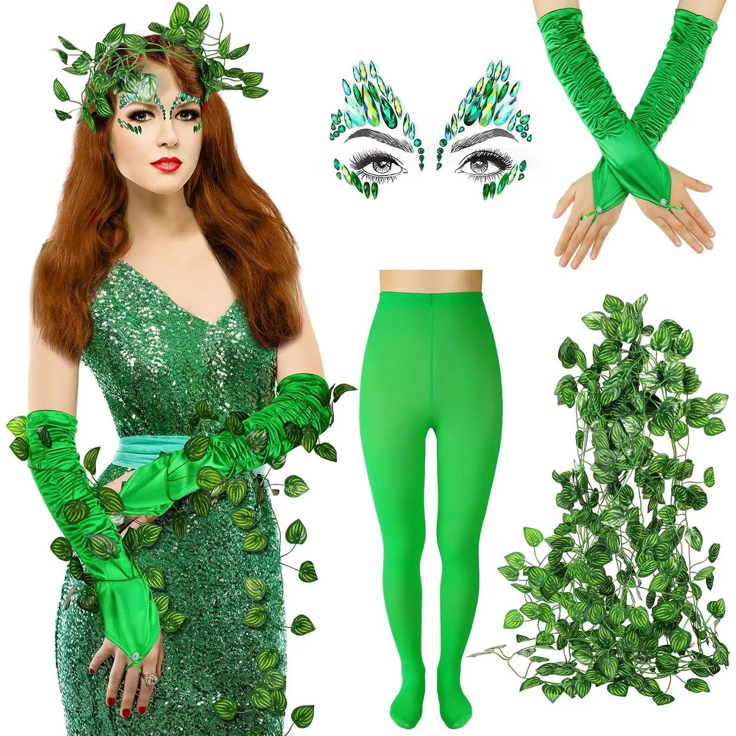 Women's Green 8-Piece Cosplay Dance Costume Set | Jewel Accents, Face Tattoo, Vine Motif, Tights, Gloves Party Kit (Sports & Outdoor Dancewear)