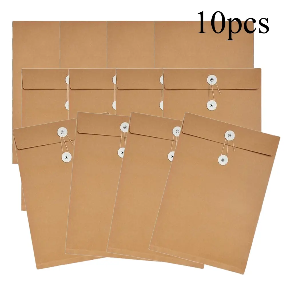 10pcs Sturdy Brown Paper File Envelopes Set with String Tie Closure, 34×24cm Fits A4 Documents, Light‑Weight Document Organizer, Tear‑Resistant for Contracts, Drawings & Paperwork, Ideal for Office, Engineering Projects & Home File Storage