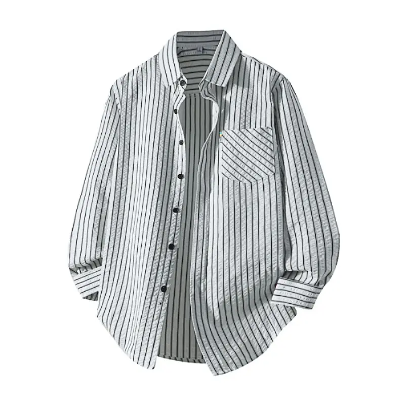 base thin black vertical stripe long sleeve button shirt, lightweight wrinkled bubble texture fabric, classic lapel collar, diagonal patch chest pocket,casual minimalist style ideal for spring and autumn daily layering and outdoor outings
