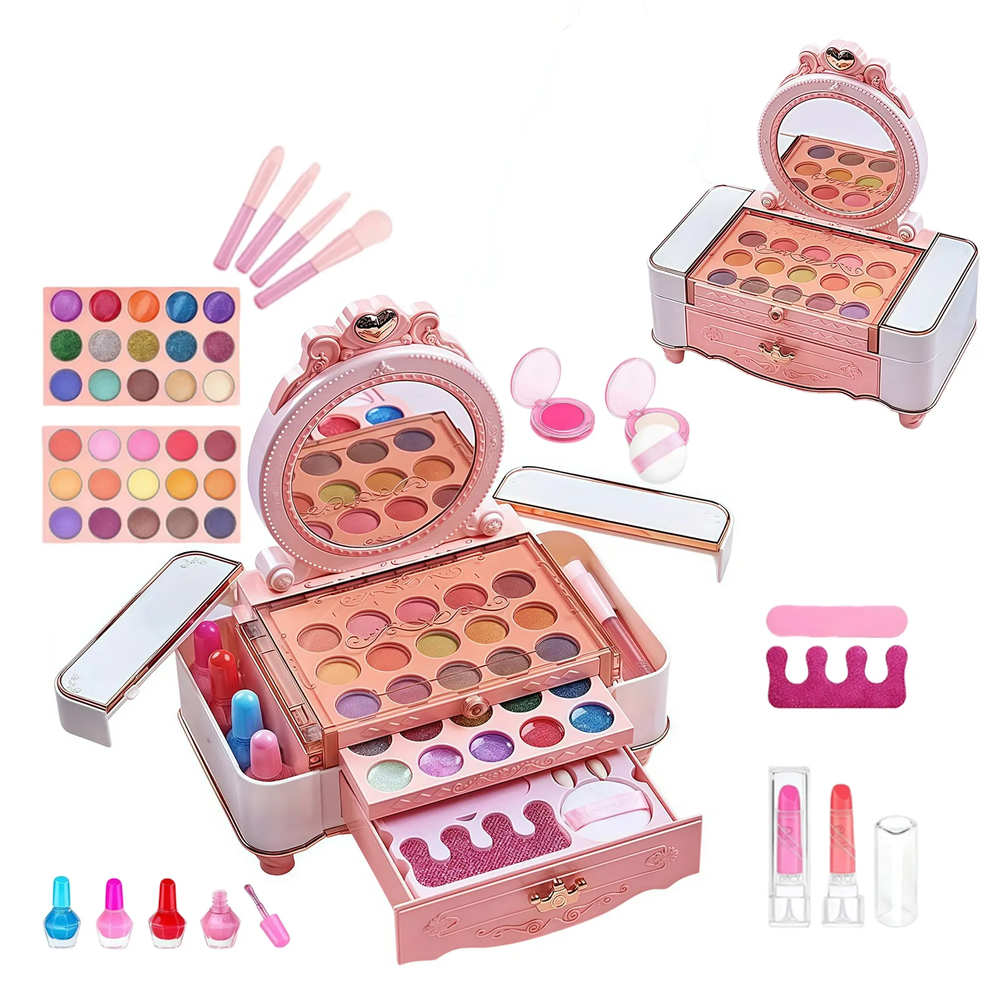 Girls DIY Portable Makeup Set, Washable Toy Cosmetics, Role Play Makeup Kit with Mirror, Powder, Nail Polish, Brush, Ages 3-9, Princess Gift
