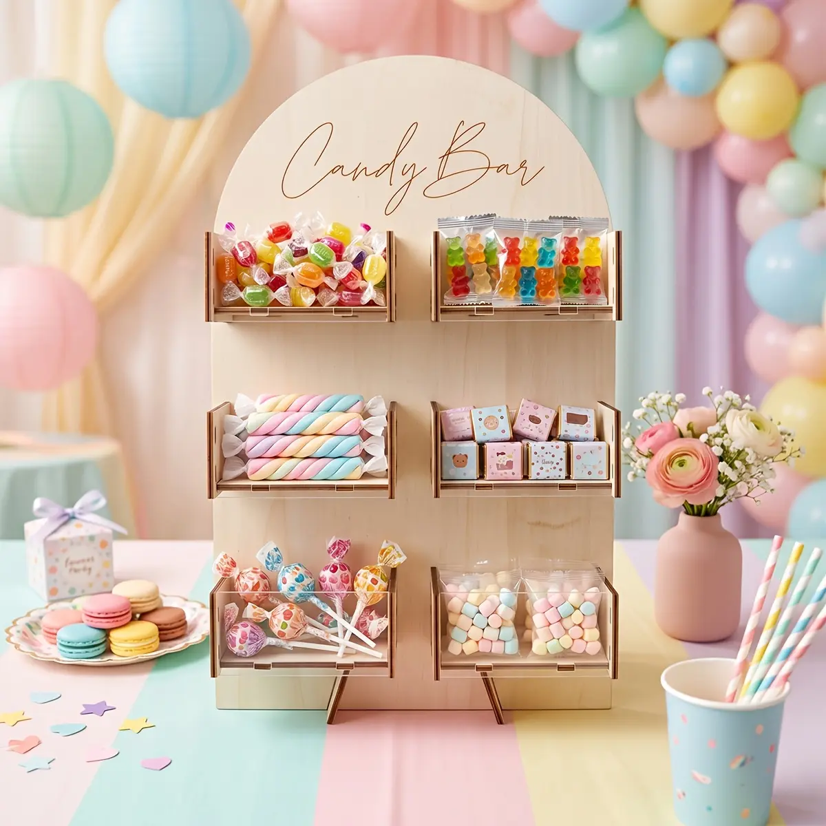 Christmas,Halloween, 1 Set Arch-Shaped Wooden Candy Bar Counter, Multi-Tier Snack Candy Chocolate Display Stand, Happy Birthday Party Tabletop Centerpiece, Baby Shower Party Supplies, Wedding Bridal Party Table Decoration, Anniversary Party