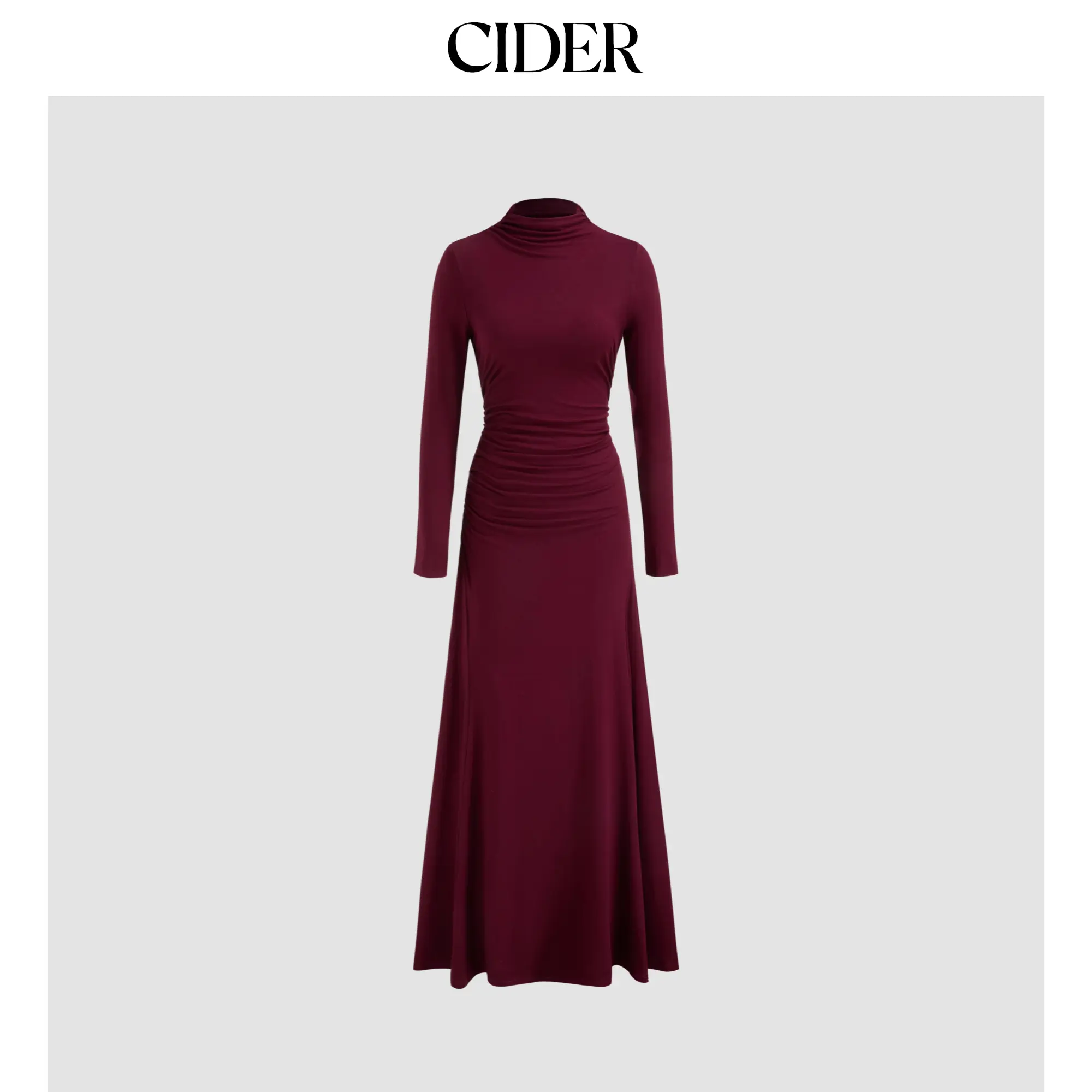 Cider [3 colors, size 0-26] High Neck Solid Ruched Ruffle Long Sleeve Maxi Dress SummerFinds