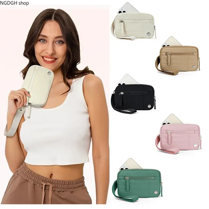 QuiltedNylonWristletWalletBag,TrendyPortablePhoneClutchforiPhone,DoubleZipperCompartmentCoinCardHolder,LightweightWaterResistantFabric,WristStrapDesign,FitnessOutingsErrandsCasualDailyCarryPouch