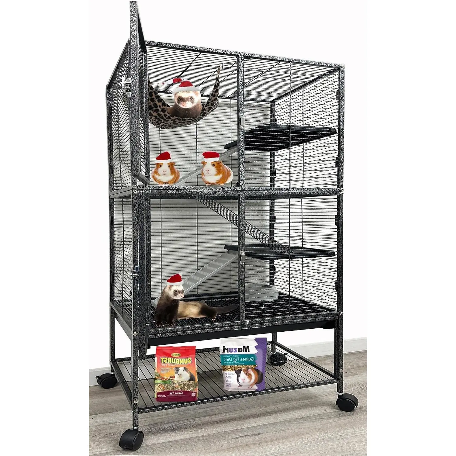 X-Large 31"x18.5"x53.5"H Deluxe Double 4-Tier Small Animal Rolling Cage with Tight 1/2-Inch Bars, Large Front Doors, Water Bottle, Food Bowl, Feisty Ferret Hammock (For Squirrels, Chinchillas, Rats), Large Doors, Tight Bars
