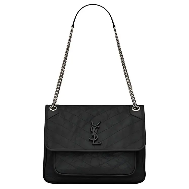 Saint Laurent YSL Niki Crossbody Bag for Women, Vintage Wrinkled Calfskin with Silver Chain and Black Logo, Medium Black