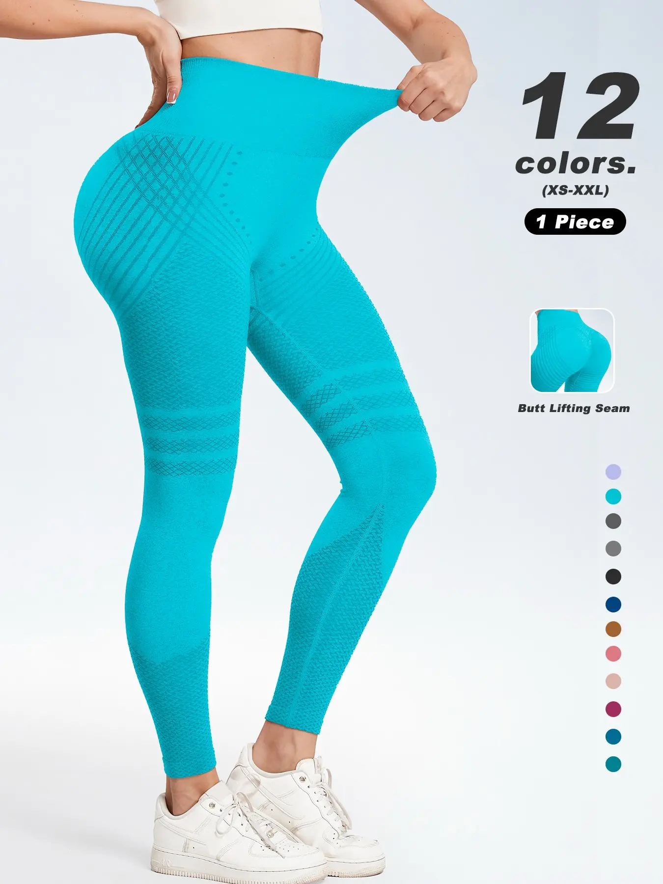 Women Seamless Butt Lifting Workout Leggings, High Waist Textured Compression Cycling Pants Slim Fit Stretch Active Bottoms, Hot Selling Teal Green Main Color Daily Gym Summer Workout Activewear Single Piece, 12 Colors XS-XXL