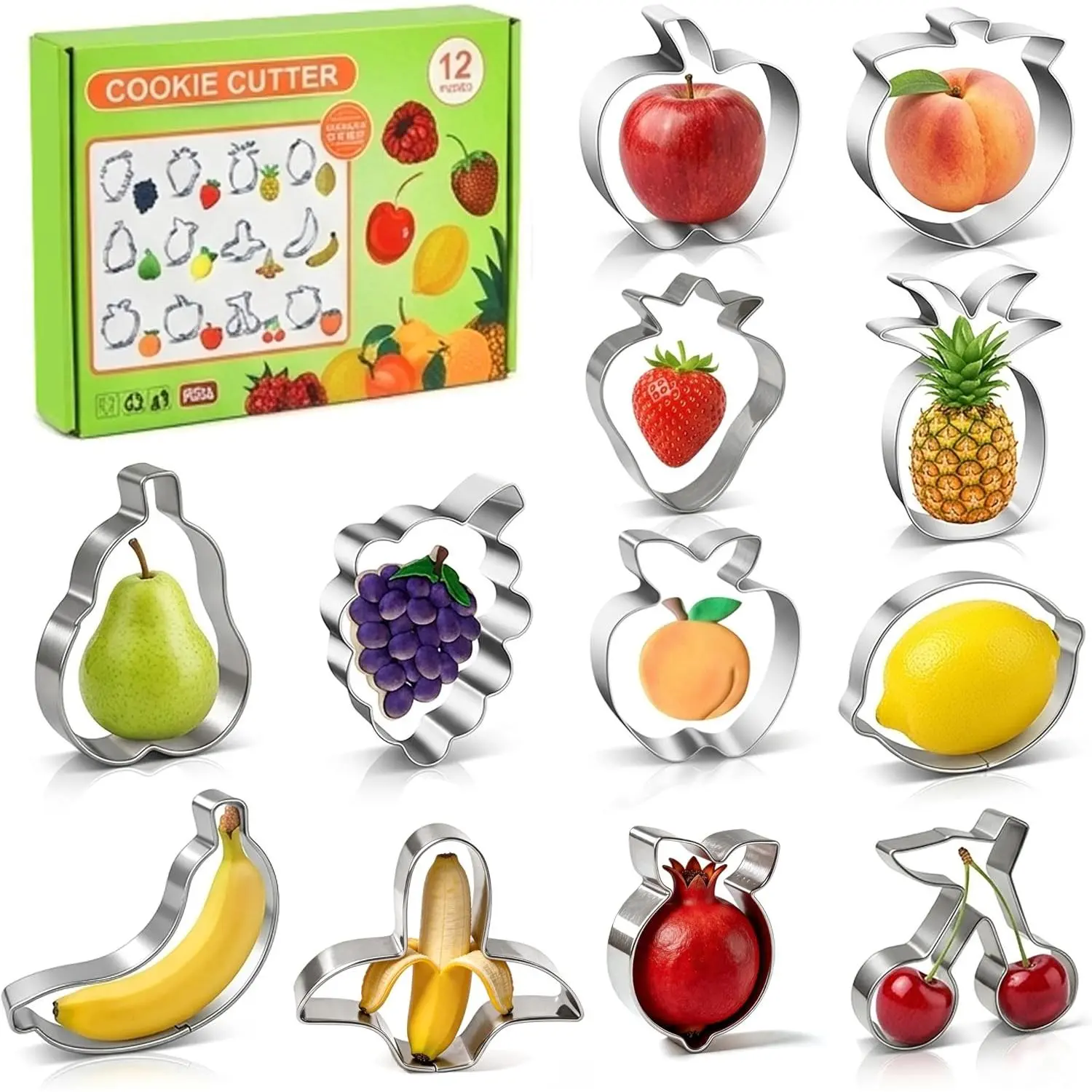 12-Piece Fruit-Shaped Stainless Steel Cookie Cutter Set - Heavy-Duty Bakeware Utensils with Safety Edges for Fondant, Pastry, DIY Party Snacks