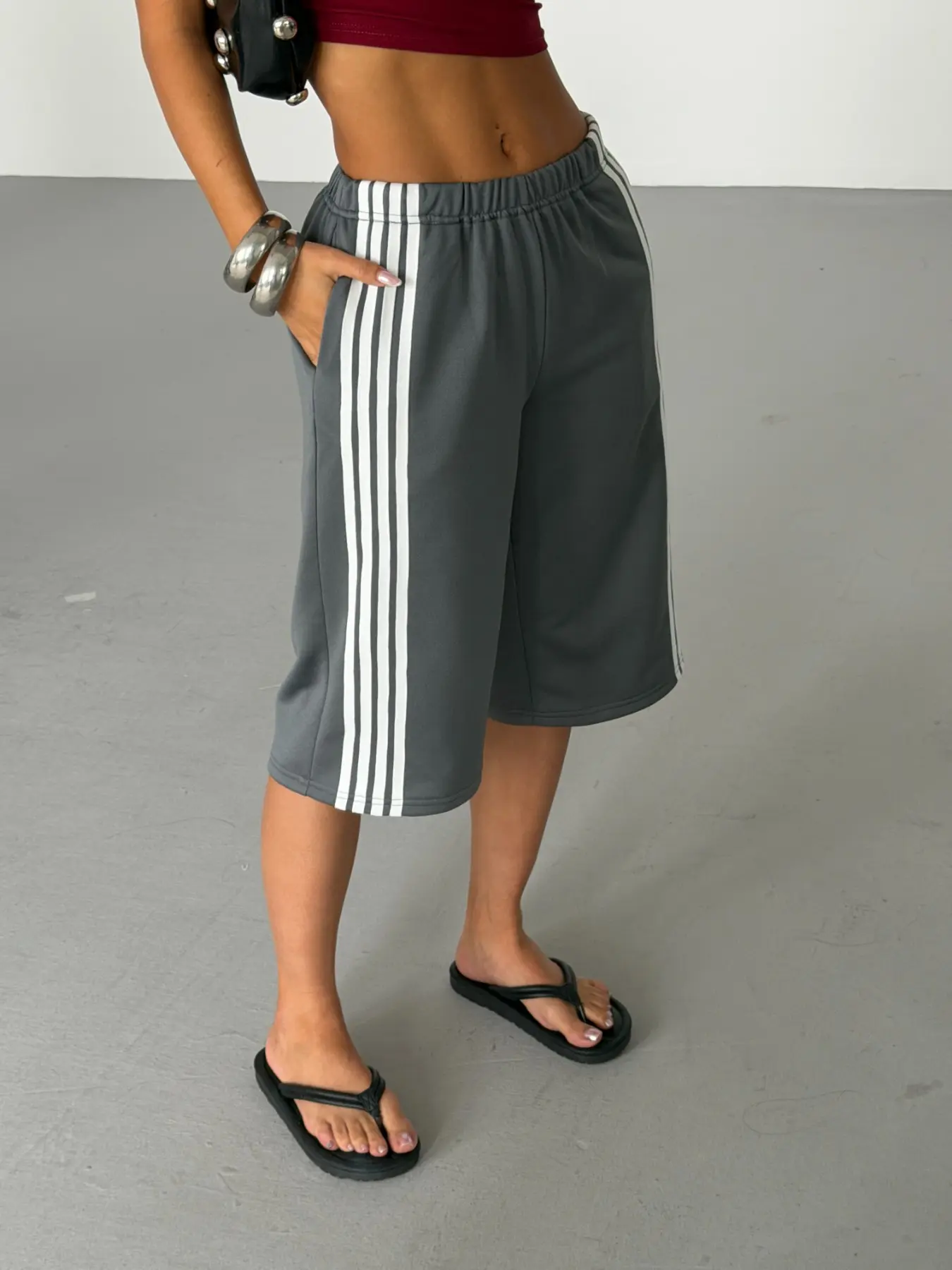 Grey Side Stripe Bermuda Shorts Women Elastic High Waist Loose Fit Knee Length Wide Leg Sports Shorts Casual Y2K Streetwear Summer Drawstring Athletic Shorts Look Pocket Cropped Pants Fashion