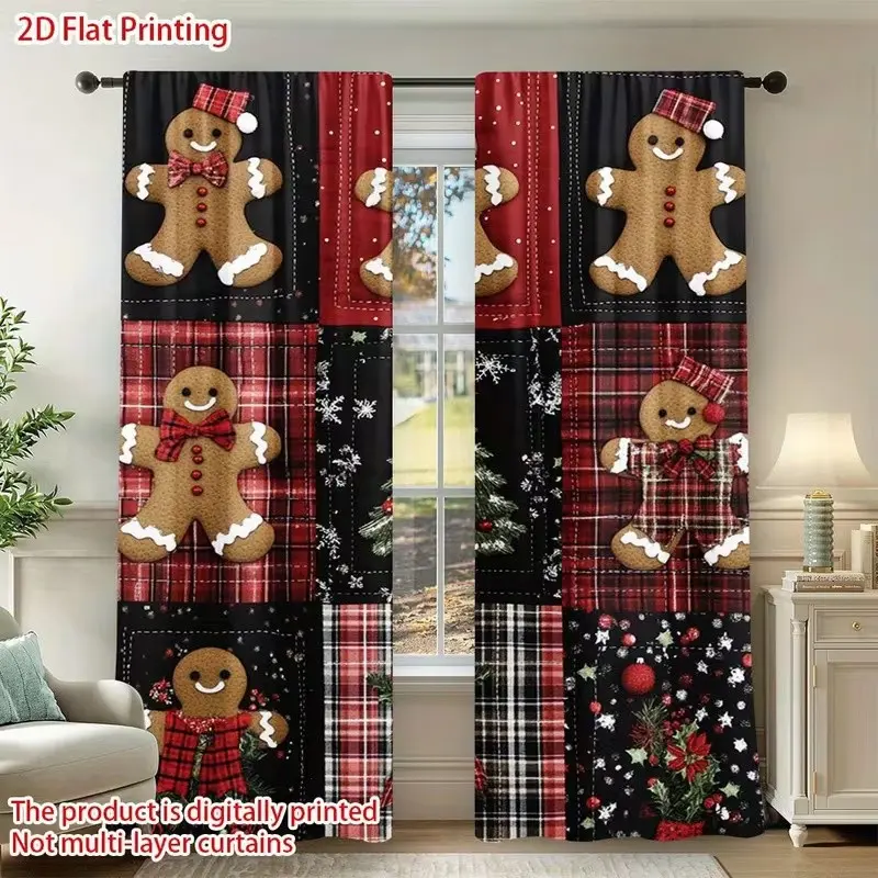 2pcs Polyester Christmas Theme Curtains, Gingerbread Man Snowflake Pattern Rod Pocket Design Drapes, Bedroom & Living Room Decor
