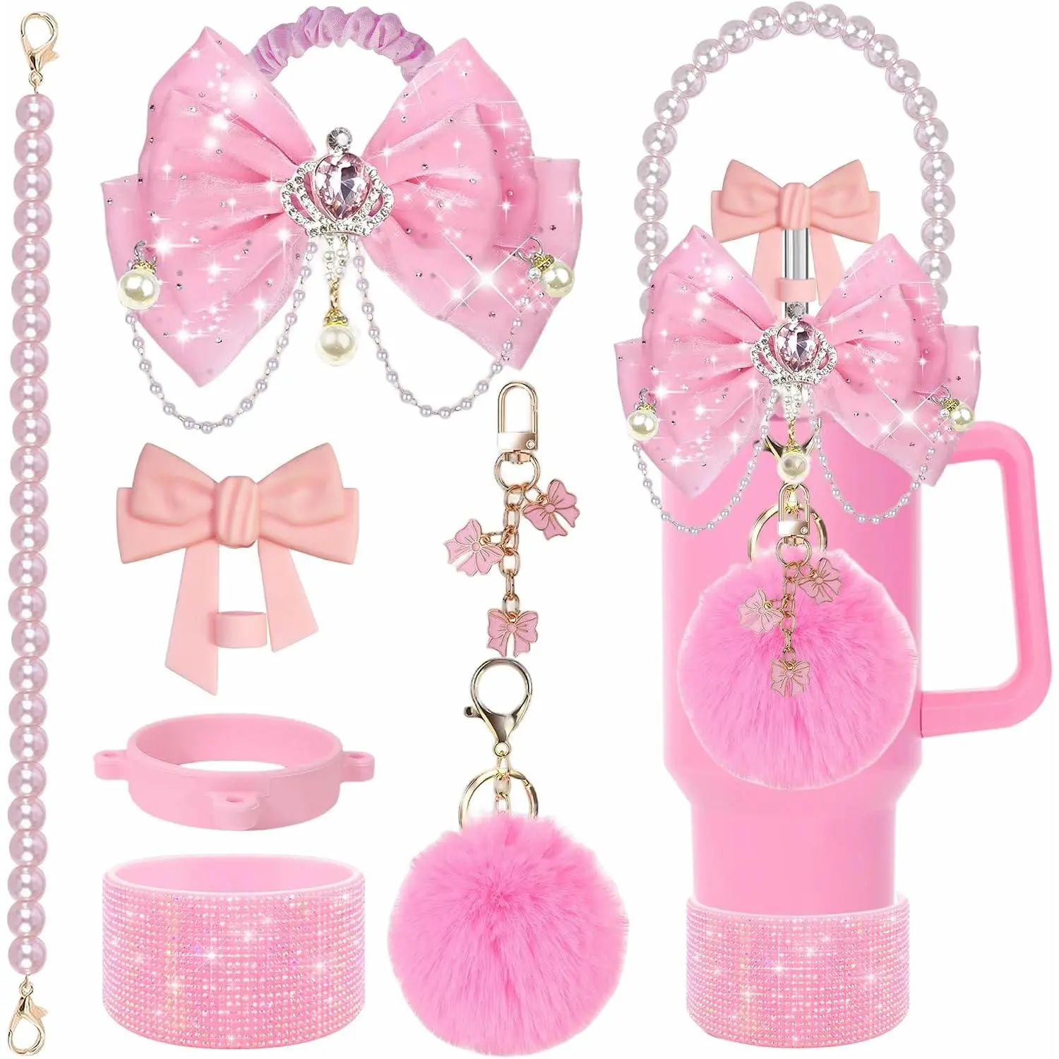 Bling Cup Accessories Set for  20/30/40oz, Rhinestone Boot | Bow straw topper set with  strap and charms,  for cute girly tumbler decoration and gifting