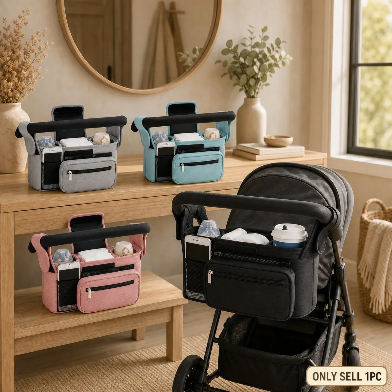 Hands-Free Baby Stroller Storage Bag, Detachable Organizer with Insulated Bottle Holder, Adjustable Velcro Strap, Essential for Parents, Stroller Accessories