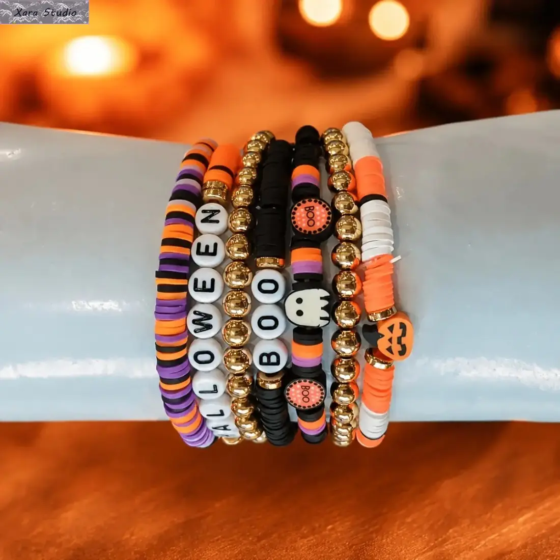 Halloween Beaded Bracelet Set, 7-Pack Pumpkin Clay Stretch Stackable Bracelets for Women, Teens & Girls, Boho Fall Jewelry, Cute Spooky Accessories for Halloween Party, Pumpkin Patch, Festival Gift