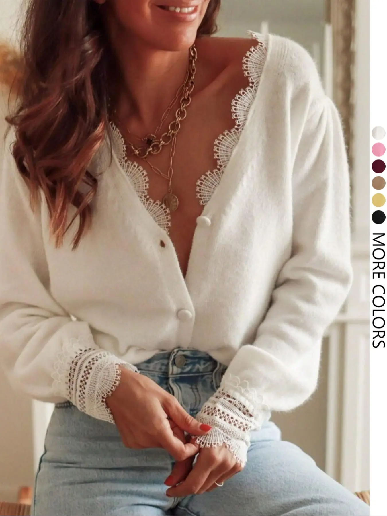 Women's Lace Trim V Neck Knit Cardigan, Elegant French Style Long Sleeve Button Up Sweater, Soft Fuzzy Solid Color Jumper Top for Spring & Fall, Romantic Womenswear