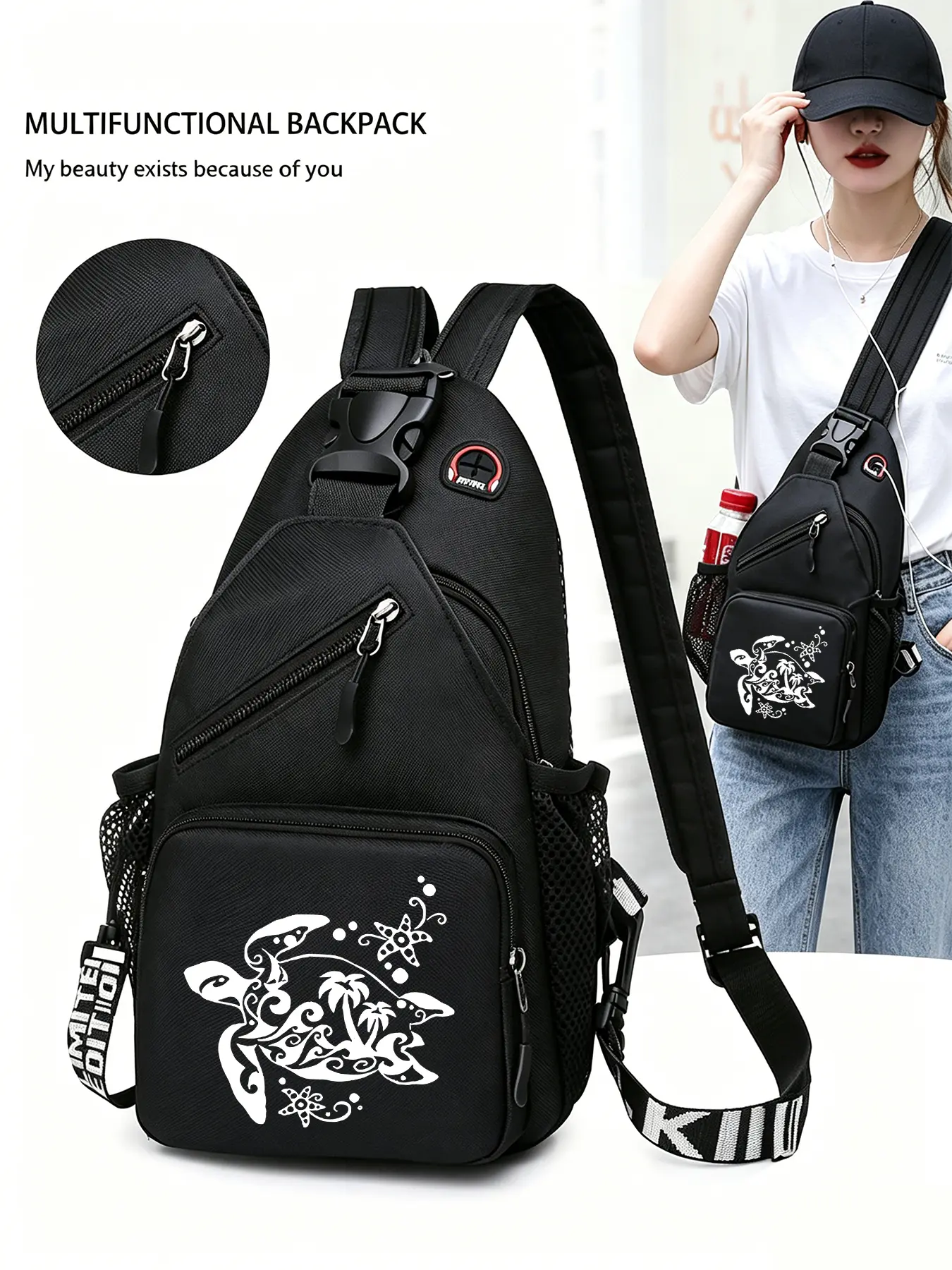 Totem Turtle Patterned Convertible Crossbody Bag/backpack, Multi-functional Chest Bag with Convertible Zippered Shoulder Strap, Multiple Pockets, Suitable for Travel, Sports, and Daily Commuting